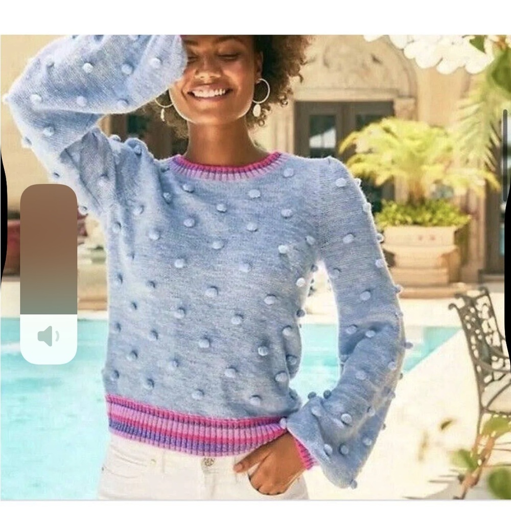Lilly Pulitzer Verna Sweater Pom Pom Blue Pink Womens Crewneck Sz M